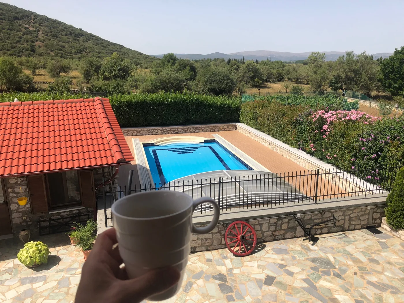 Morning view over the Villa Arcadia pool from the terrace with mountains and vineyard beyond